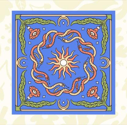 Forager Provisions LTD Snakes blue square art print featuring a circular snake design around a central sun motif.