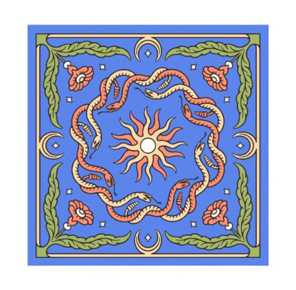 Forager Provisions LTD Snakes blue square art print featuring a circular snake motif, sun, and floral border design.
