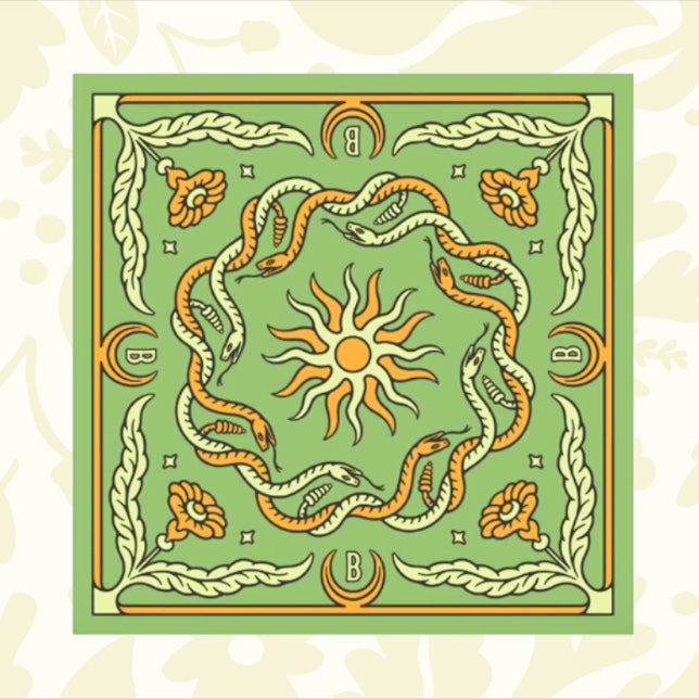 Forager Provisions LTD Snakes green bandana featuring a central sun, intertwined snakes, and floral border design.