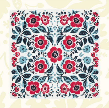 Forager Provisions LTD Bandits Bandanas Spring Awakening organic cotton bandana with red floral and blue leaf print.