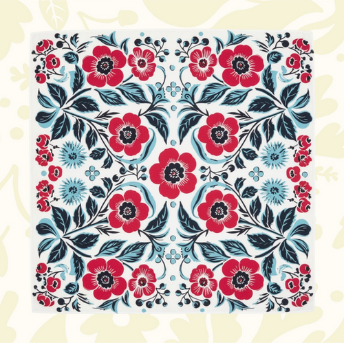 Forager Provisions LTD Bandits Bandanas Spring Awakening organic cotton bandana with red floral and blue leaf print.