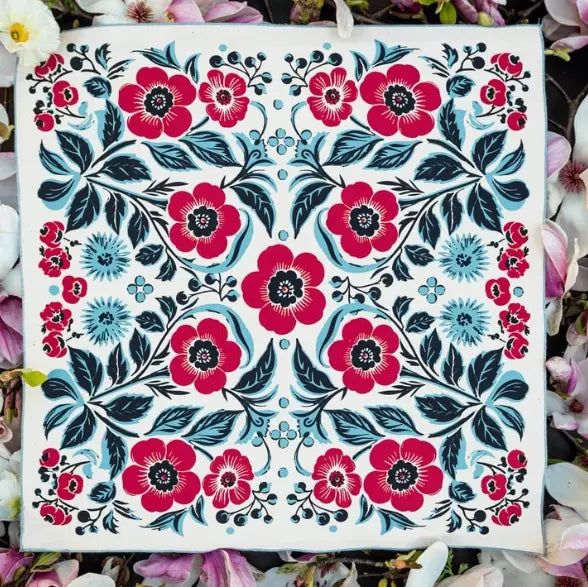 Forager Provisions LTD Bandits Bandanas Spring Awakening organic cotton bandana with floral print in red and blue.