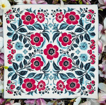 Forager Provisions LTD Bandits Bandanas Spring Awakening organic cotton bandana with floral print in red and blue.