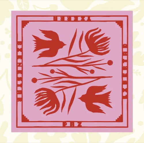 Forager Provisions LTD Tierra, Libertad, Paz, Y Bienstar square scarf featuring red floral and bird art on pink