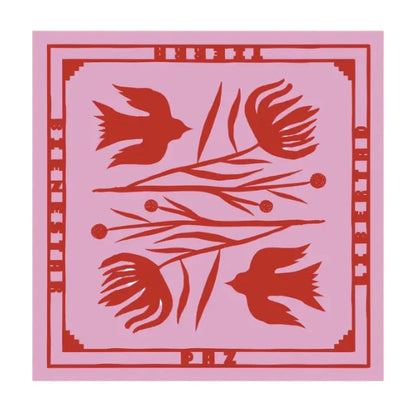 Forager Provisions LTD pink cotton bandana with red screen-printed bird and floral folk art design