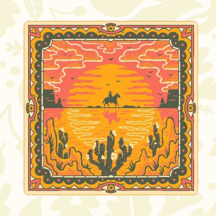 Forager Provisions LTD Bandits Bandanas Wild West Sunset square cotton bandana with desert landscape and cowboy print.