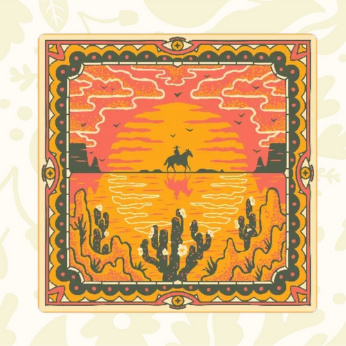 Forager Provisions LTD Bandits Bandanas Wild West Sunset square cotton bandana with desert landscape and cowboy print.