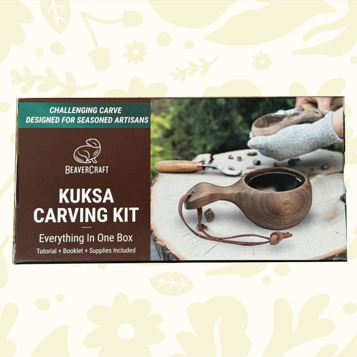 Forager Provisions LTD BeaverCraft DIY07 walnut kuksa carving kit box showing a finished wooden cup and tools