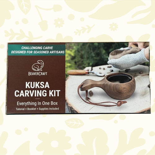 Forager Provisions LTD BeaverCraft DIY07 walnut kuksa carving kit box showing a finished wooden cup and tools