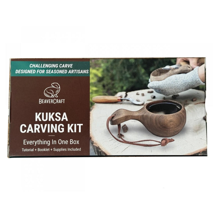 Forager Provisions LTD BeaverCraft DIY07 walnut kuksa carving kit box showing a finished wooden cup and tools