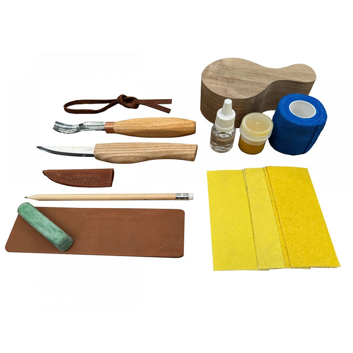 Forager Provisions LTD BeaverCraft DIY07 walnut kuksa carving kit with wood blank, carving knives, and accessories.