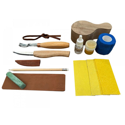Forager Provisions LTD BeaverCraft DIY07 walnut kuksa carving kit with wood blank, carving knives, and accessories.