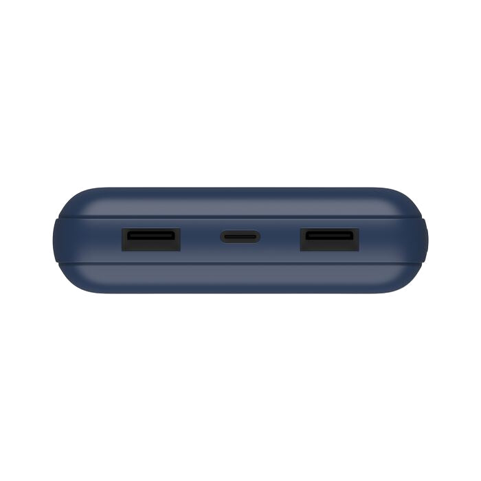 Blue electronic device with multiple ports on a white background
