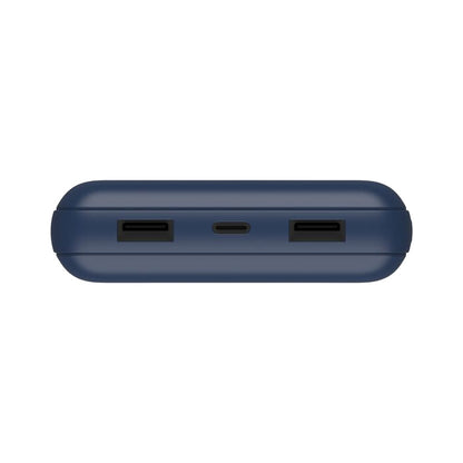 Blue electronic device with multiple ports on a white background