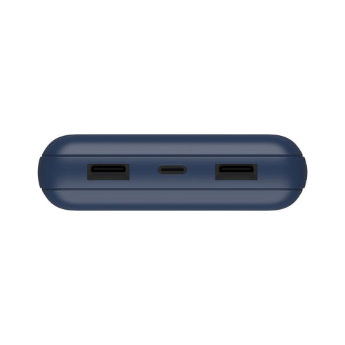 Blue electronic device with multiple ports on a white background