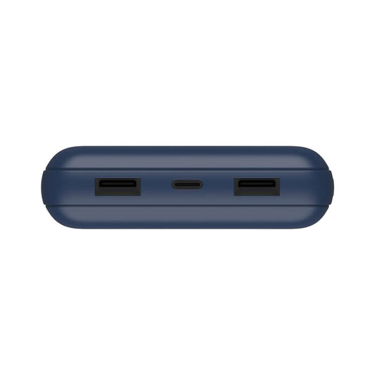 Blue electronic device with multiple ports on a white background