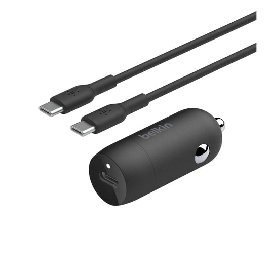 Black Belkin car charger with two USB cables on a white background