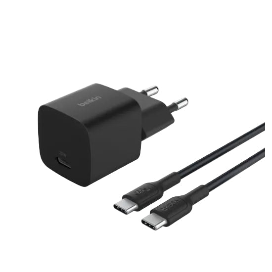 Black Belkin charger with two cables on a white background