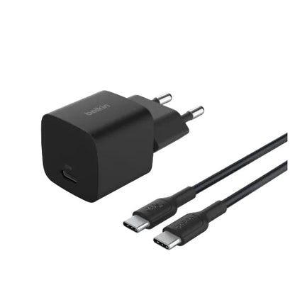 Black Belkin charger with two cables on a white background