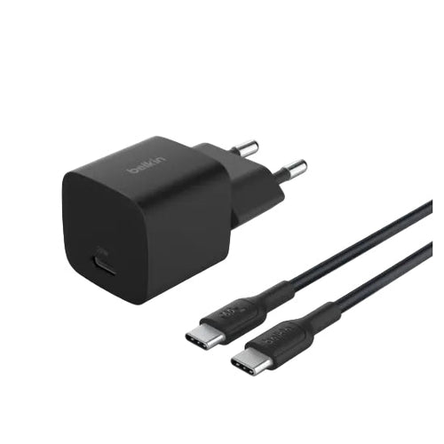 Black Belkin charger with two cables on a white background