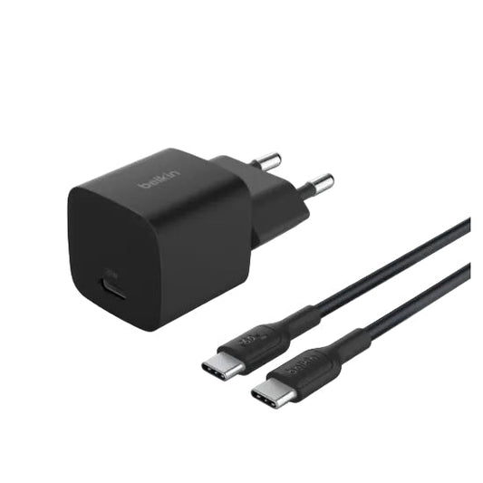 Black Belkin charger with two cables on a white background