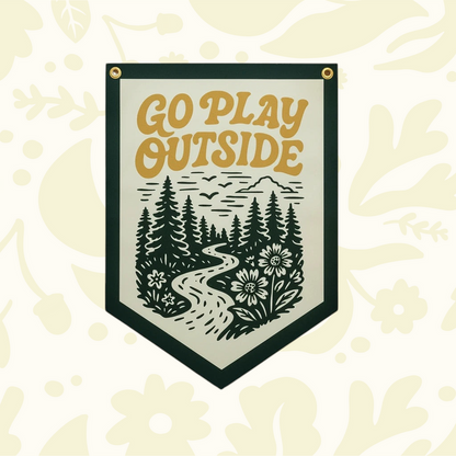 Benoit Go Play Outside felt pennant 16x22″, vintage camp scene: path, trees, mountains & flowers home wall art decor.