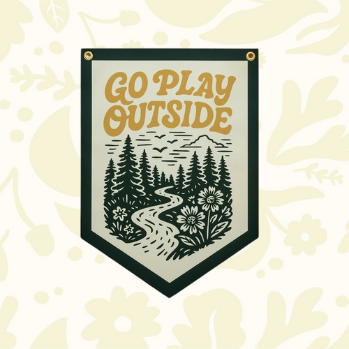 Benoit Go Play Outside felt pennant 16x22″, vintage camp scene: path, trees, mountains & flowers home wall art decor.