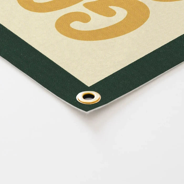Benoit’s Design Co Go Play Outside 16x22 cream vintage felt banner, gold accents, green border, metal grommet hanging sign.