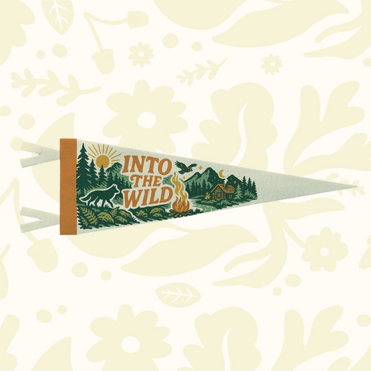 Forager Provisions LTD Benoit’s Design Co Into The Wild felt camp pennant with vintage outdoor forest graphic