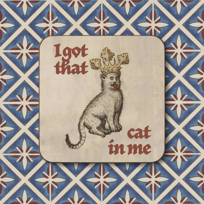 Medieval cat coaster by Betiobca—crowned, red-nosed kitty design; perfect funny gift for cat lovers and collectors.