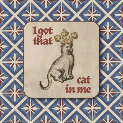 Medieval cat coaster by Betiobca—crowned, red-nosed kitty design; perfect funny gift for cat lovers and collectors.