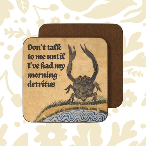 Betiobca Medieval Crab Coaster—floral coaster with whimsical crab, medieval manuscript art, unique home decor gift idea.