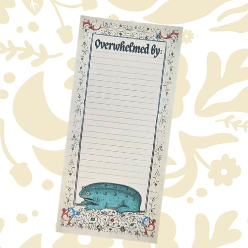 Betiobca Overwhelmed By Medieval Frog Notepad with blue frog art, illuminated manuscript style, unique stationery gift.
