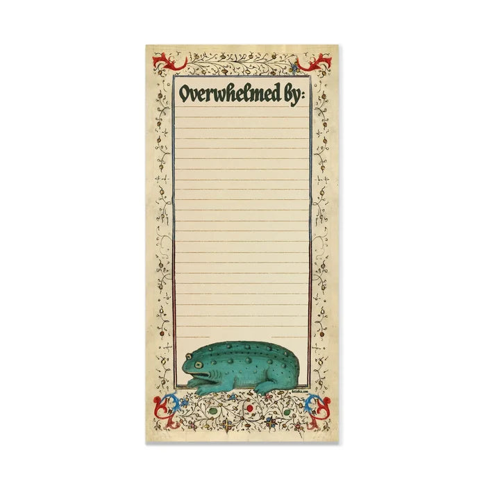 Gothic notepad by Betiobca with a blue medieval frog illustration and a quirky “Overwhelmed By” prompt—unique stationery gift.