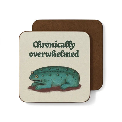 Blue medieval frog coaster with “Chronically overwhelmed” text—funny gift, desk decor, Betiobca quirky lumpy frog design.