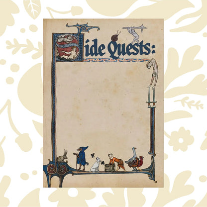 Betiobca “Side Quests” Medieval Notepad with ornate vintage borders, whimsical animals, person, and historic objects design.