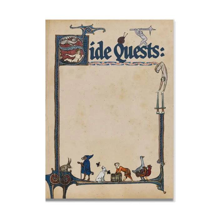 Betiobca “Side Quests” Medieval Notepad with whimsical animals, vintage-inspired ornate borders, and classic medieval charm.