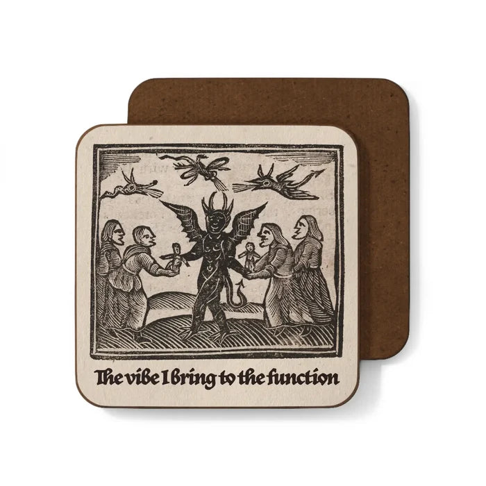 Funny Betiobca “Vibe I Bring to the Function” coaster with medieval devil artwork, perfect dark humor gothic gift for home decor.