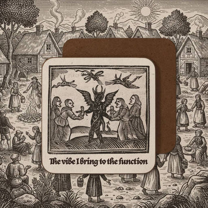 Betiobca “The Vibe I Bring To the Function” Coaster—vintage villagers party, devil art, fun decor for entertaining.