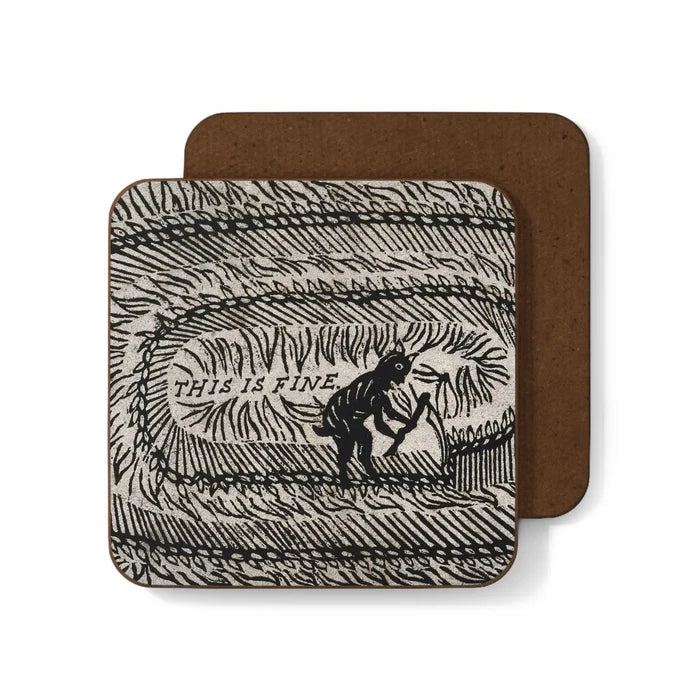 Betiobca This Is Fine Folklore Devil Coaster: dark humor gift, dog in flames art, unique brown coaster for home or office.