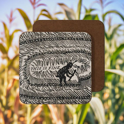 Betiobca folklore devil coaster with medieval flame art, dark humor design, blurred cornfield background—unique gift idea.