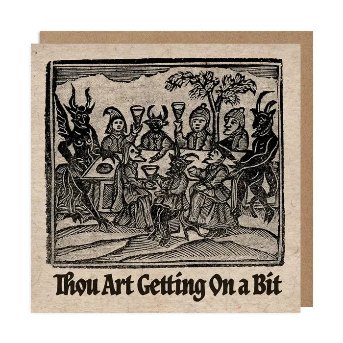 Medieval Betiobca birthday card with witty text, people and creatures feasting at table. Funny unique greeting card.