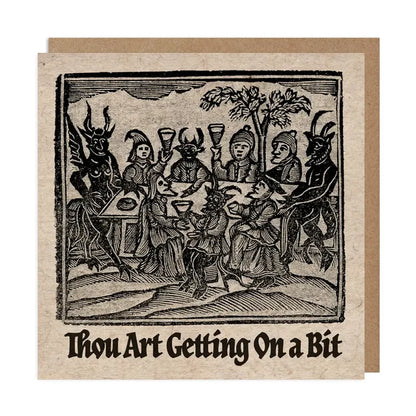 Medieval Betiobca birthday card with witty text, people and creatures feasting at table. Funny unique greeting card.