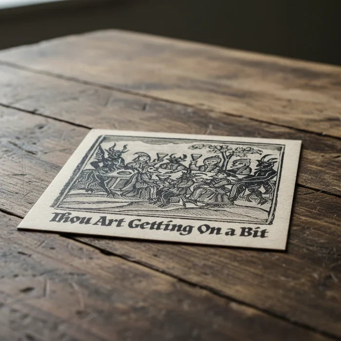 Medieval birthday card by Betiobca with funny “Thou Art Getting On A Bit” text and illuminated manuscript style artwork.