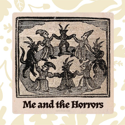 Betiobca Vinyl Sticker – Medieval dance, pointed hats, odd creatures, Gothic art, unique horror-inspired collectible design.