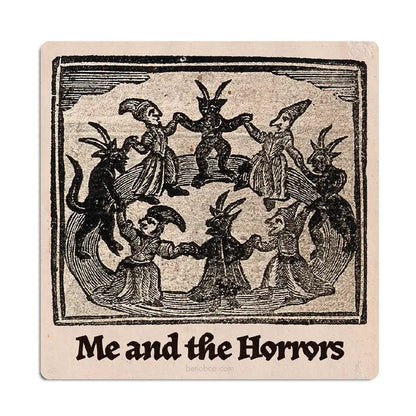 Betiobca Me and the Horrors vinyl sticker with six horned figures in a circle—perfect gothic accessory for stationery lovers.