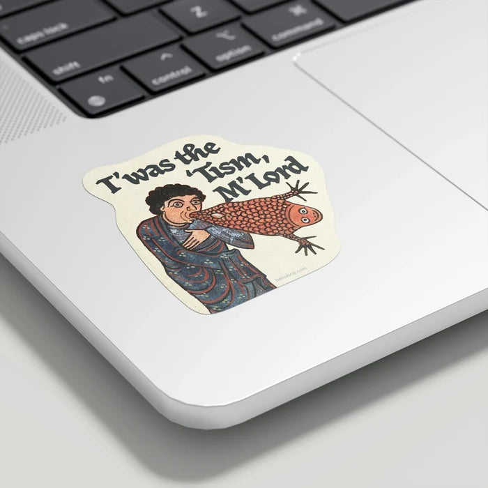 Betiobca vinyl sticker for laptops: “T’was The Twism, M’Lord” with medieval art—unique laptop decal, fun retro gift.