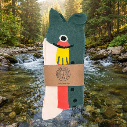 Camp Mustelid Trout Socks (Oct 2026) with label, inspired by fishing streams and classic outdoor adventure traditions.