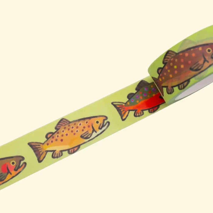 Camp Mustelid Trout Washi Tape—green with orange, brown fish design; ideal for nature journaling, scrapbooking, crafts.