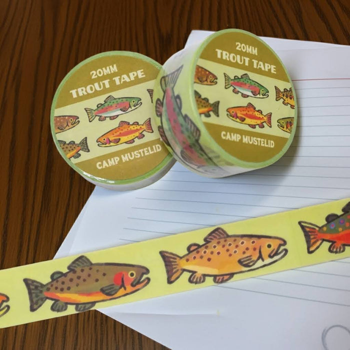 Brighten your desk with Camp Mustelid Trout Washi Tape. Vibrant trout designs decorate each colorful roll and strip.